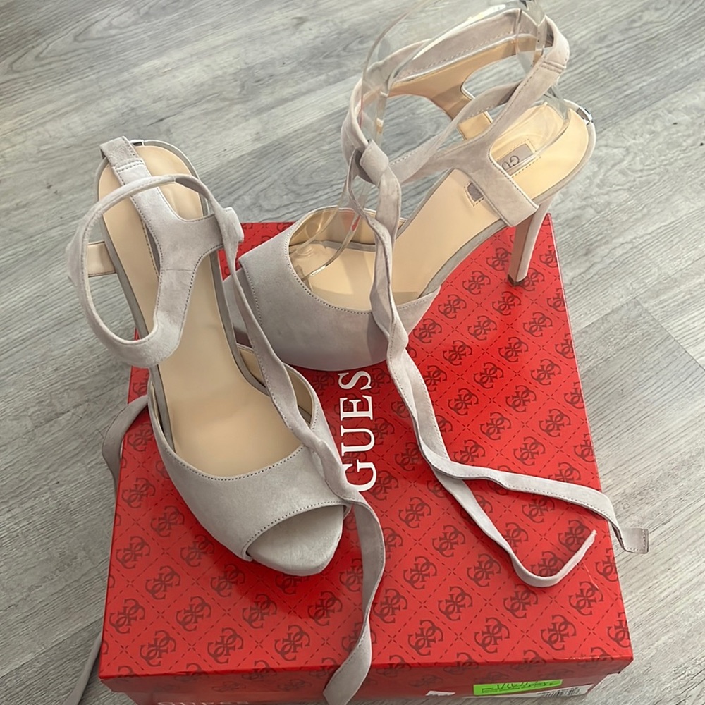 Guess gray suede high heel, ankle wrap. New.